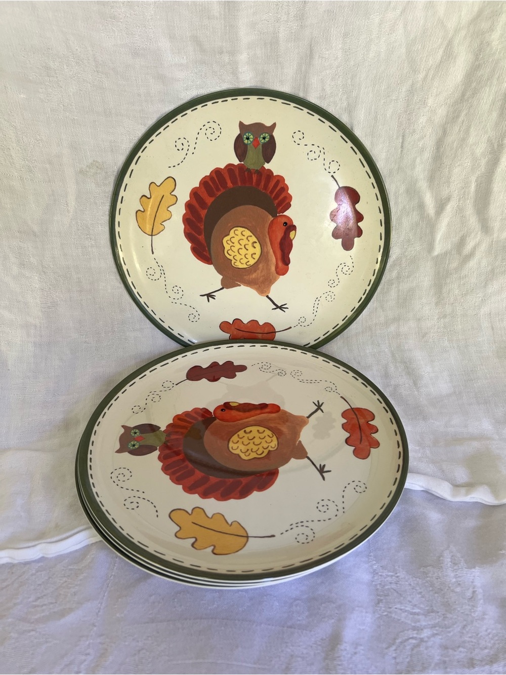 Pottery Barn Kids Cream Dinner Plates with Red, Brown and Green Accents